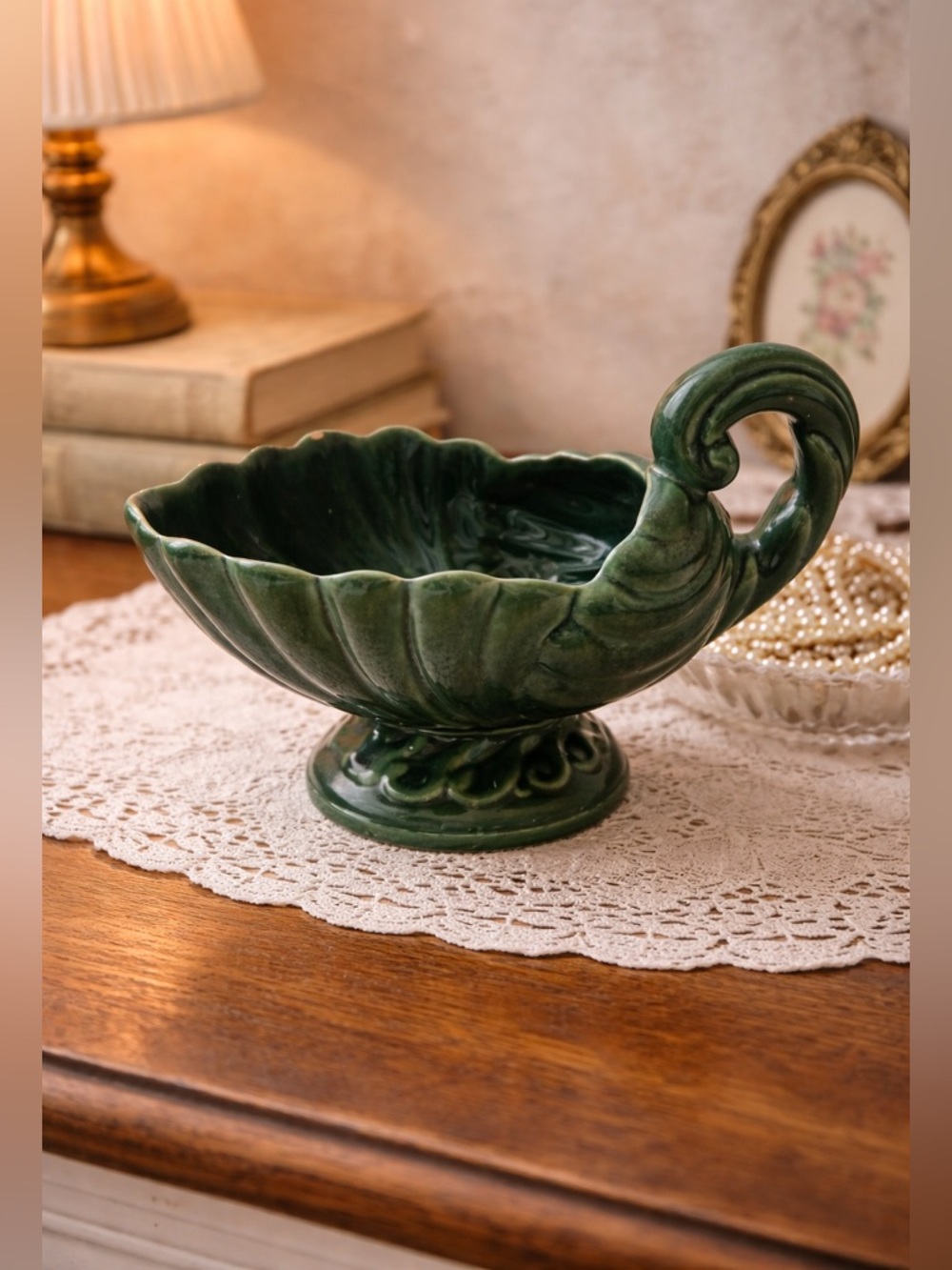 Vintage Green Pottery Cornucopia Vase/Planter